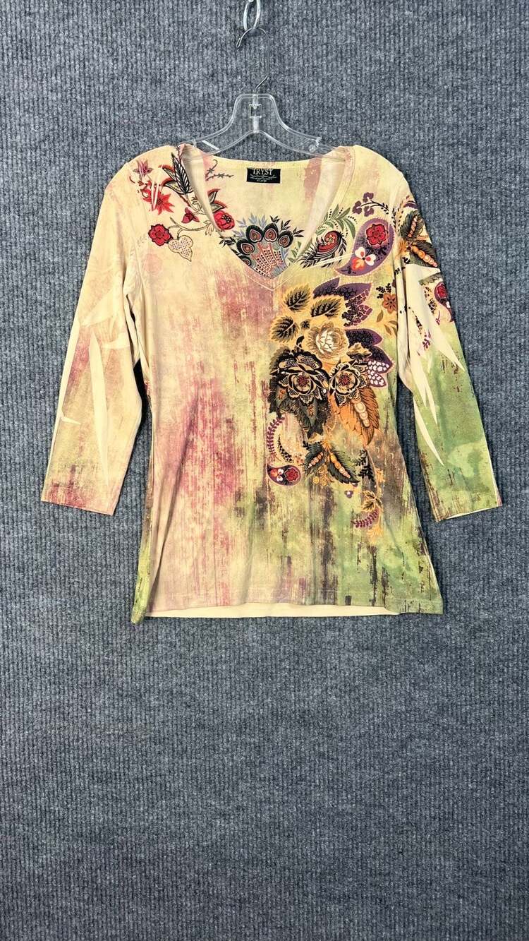 Tryst Shirt Womens XL Y2K Art To Wear V Neck Boho Gypsy Multi Color 3/4 Sleeve